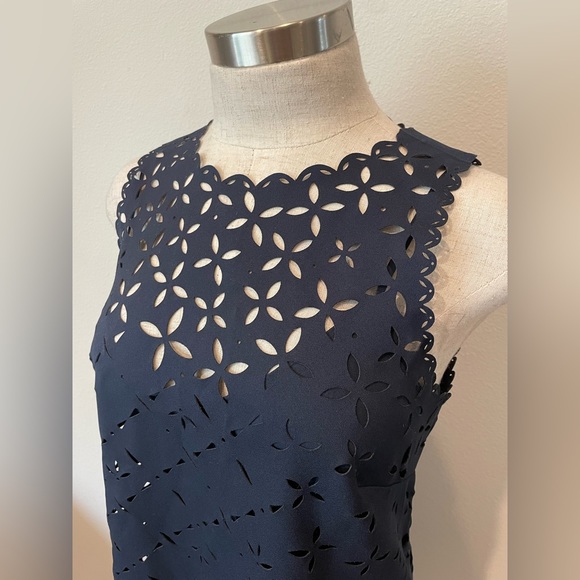 JCrew Navy Shift Dress | Size 4 | Laser cut Eyelet Dress w/ Slip - Picture 2 of 10